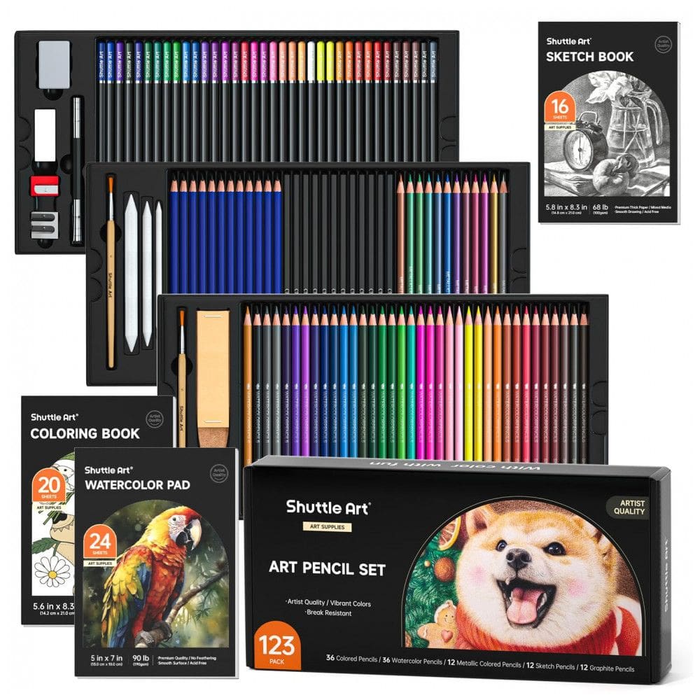 Kit de desenho profissional Shuttle Art 123 peças com lápis de cor, aquareláveis, metálicos, grafite, carvão, blocos e acessórios em estojo