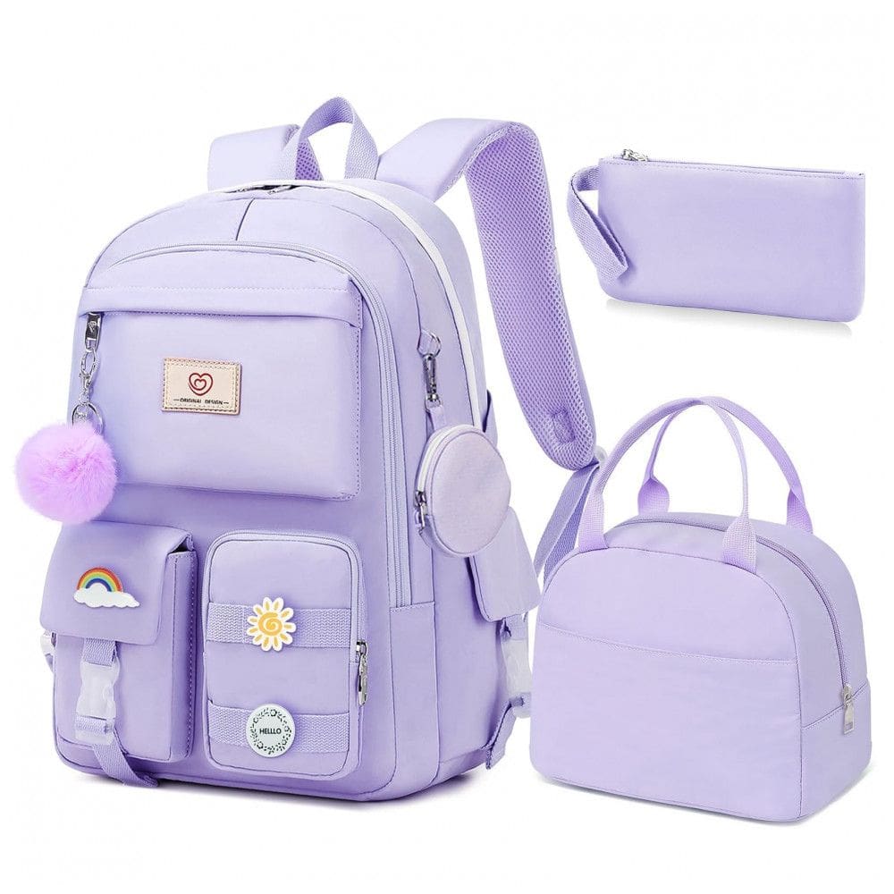 Mochila escolar Fitvc juvenil feminina, conjunto 6 peças com lancheira, estojo, bolsa de moeda e pins decorativos
