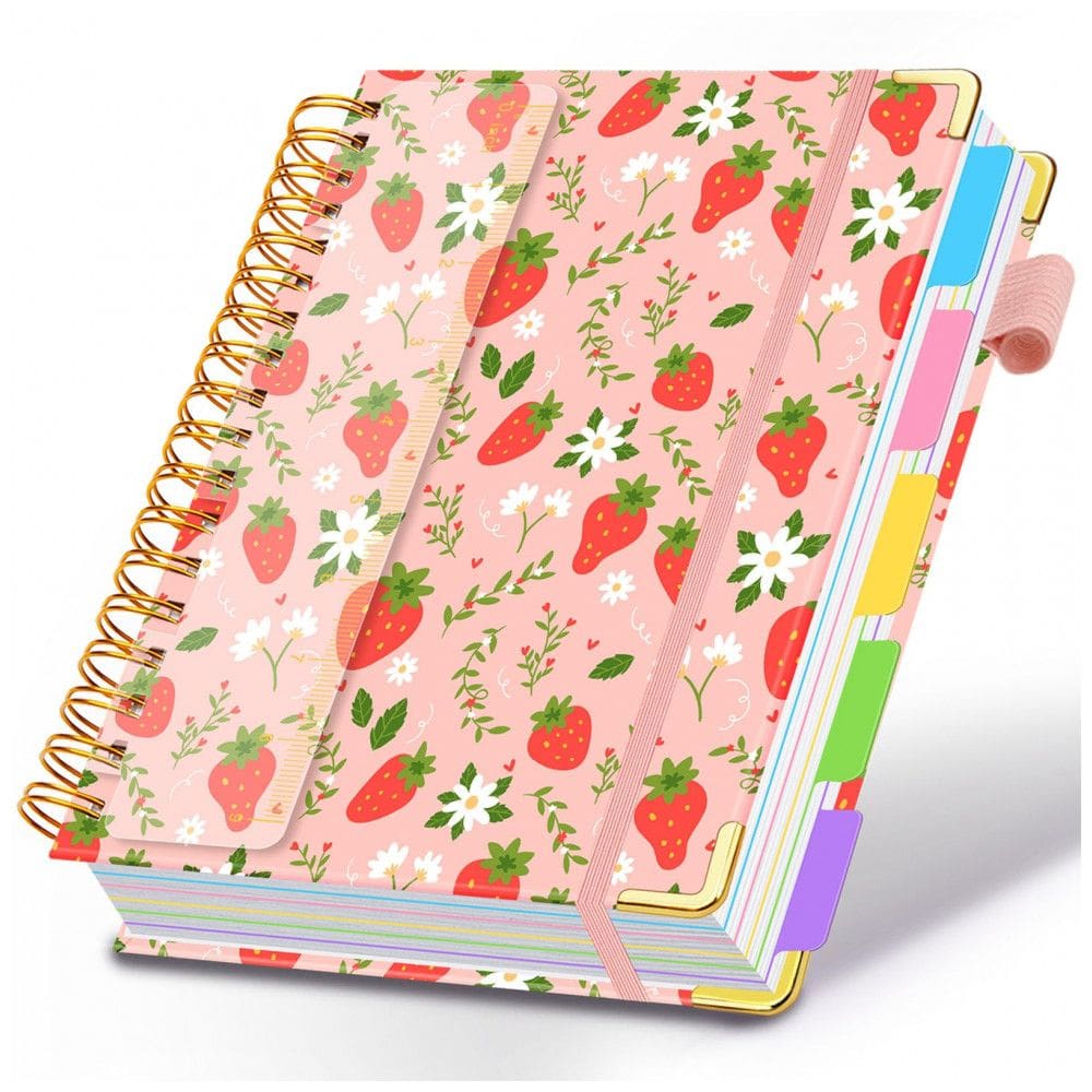 Caderno universitário espiral HDhuiun 8x10, 5 matérias, 300 páginas pautadas, divisórias com bolsos e abas, capa rosa com morangos