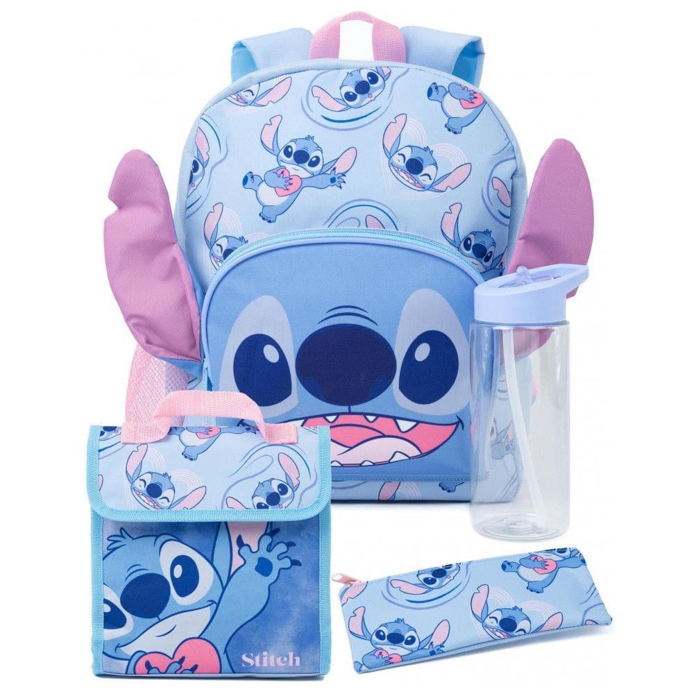 Mochila infantil oficial Disney Lilo & Stitch 4 peças com lancheira, estojo e garrafa