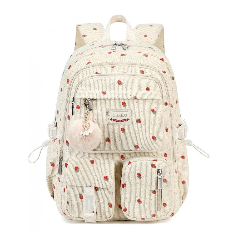 Mochila escolar QHRIDS corduroy bege com estampa de morangos, para notebook 38 cm, grande capacidade com bolso antirroubo