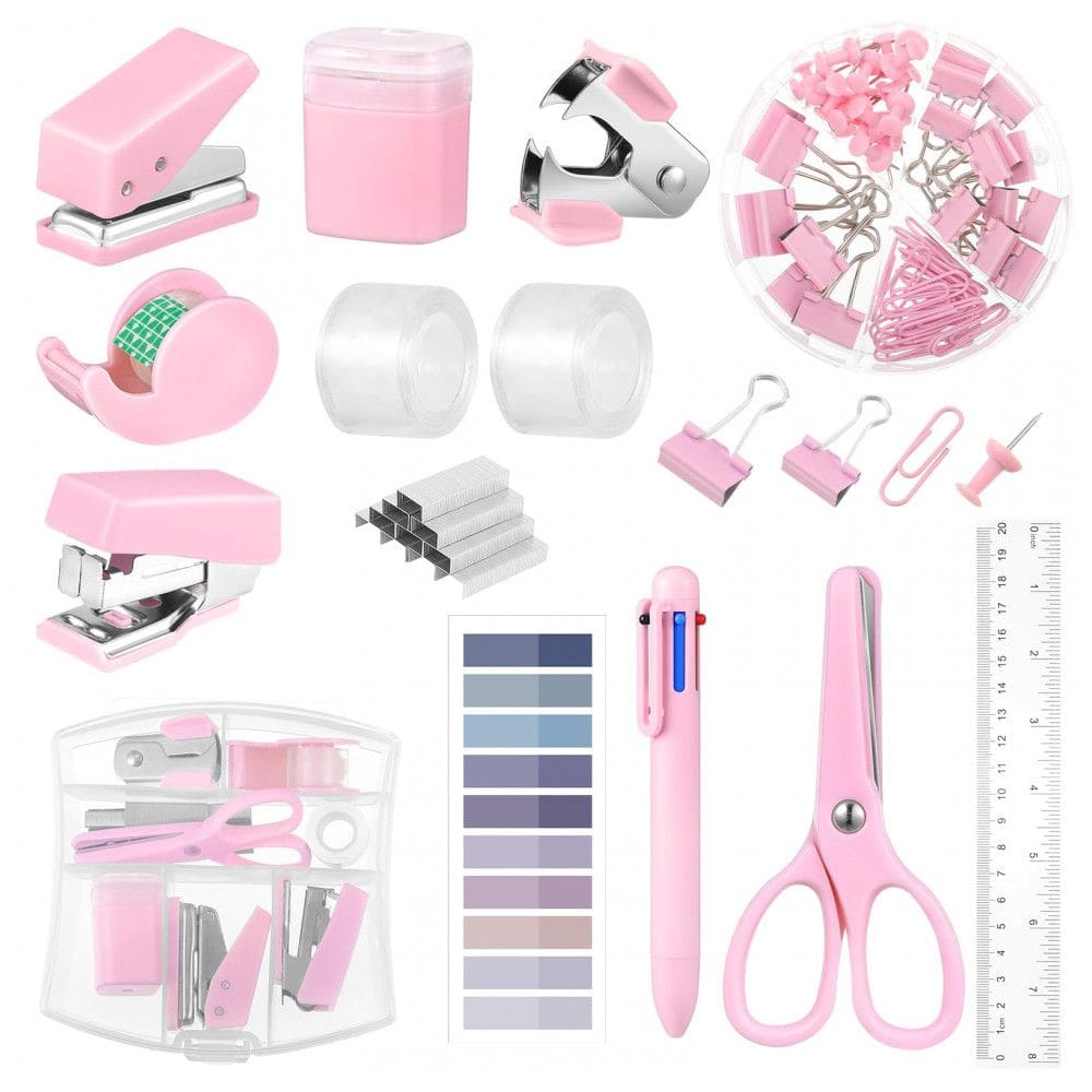 Kit mini escritório auroray rosa com grampeador, furador, dispenser de fita, clips e bloco de notas