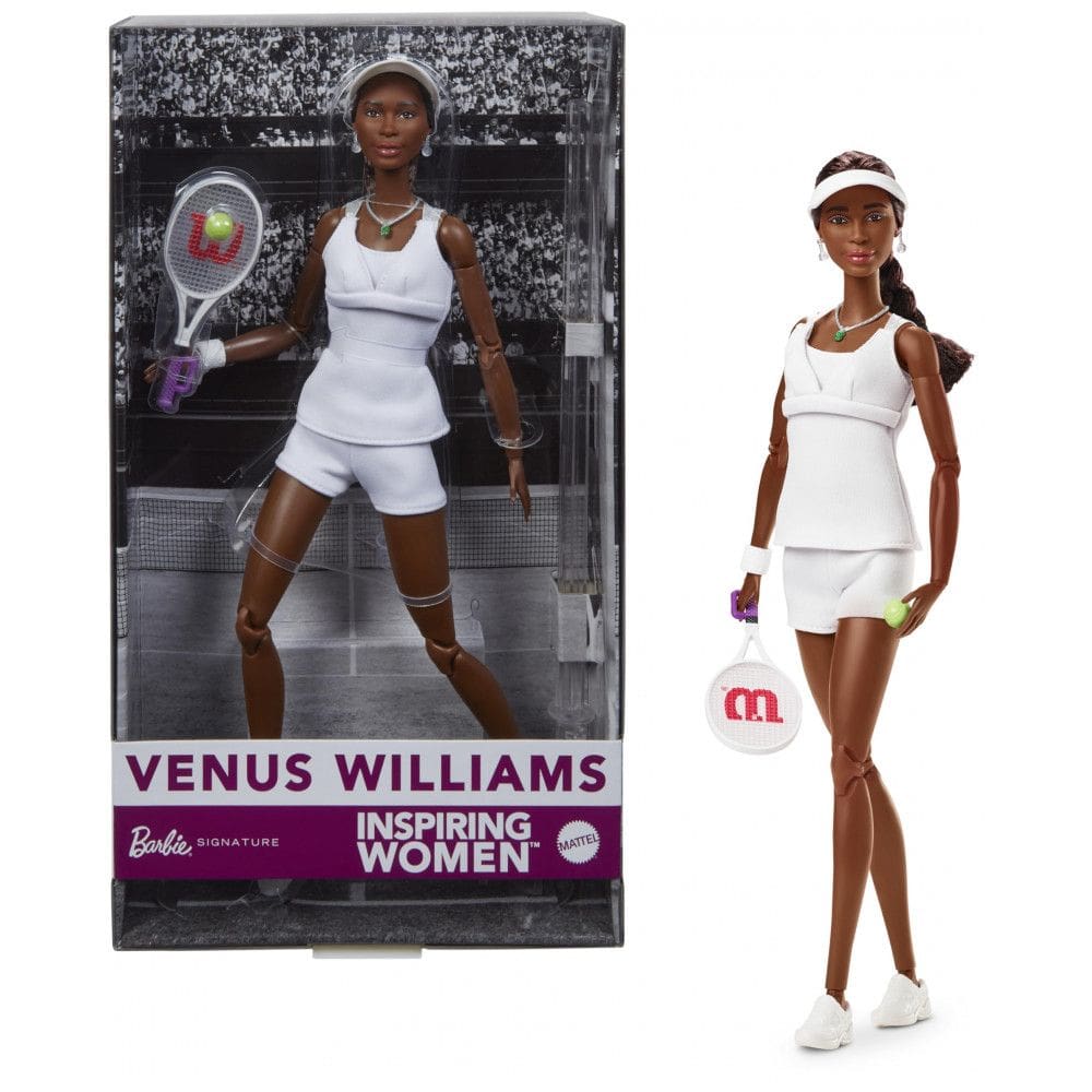 Boneca Barbie Collections Inspiring Women Venus Williams uniforme de tênis com raquete embalagem para exposição 2025