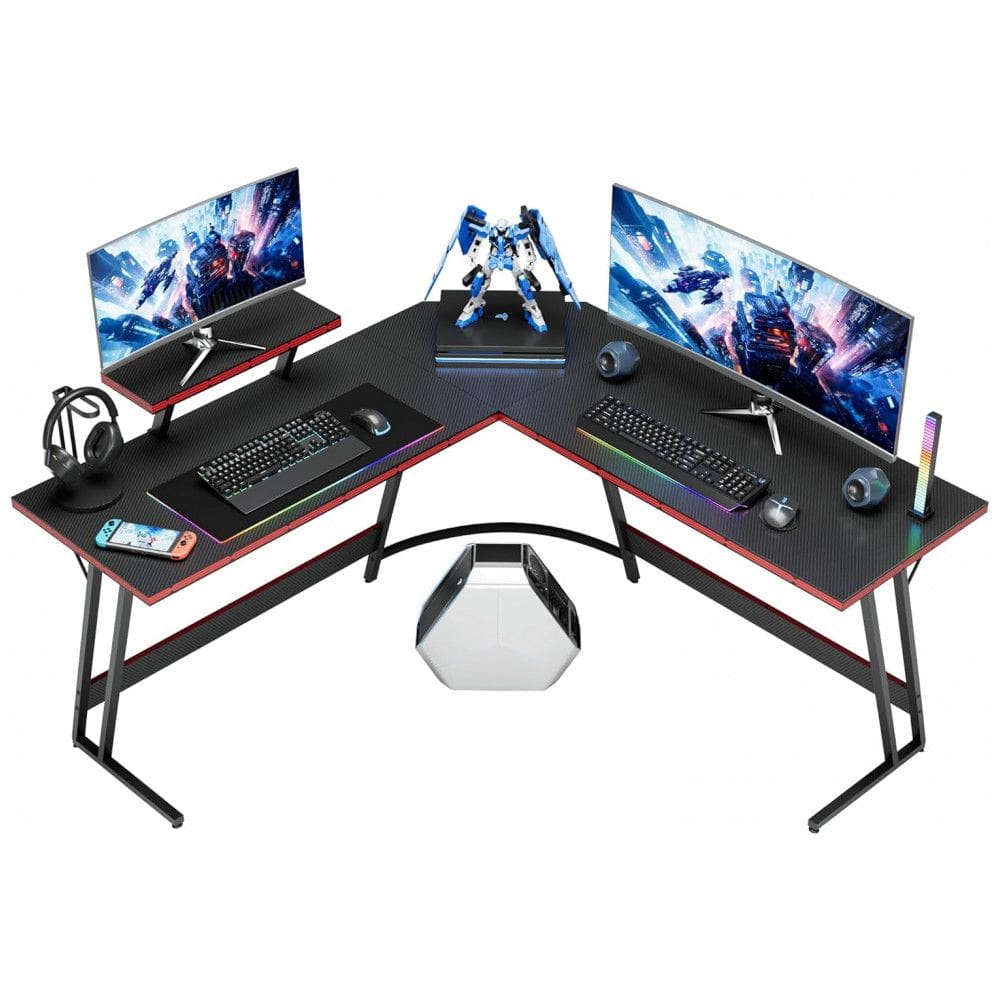 Mesa Gamer em L Homall Preto 128 cm com Suporte para Monitor Removível e Gaveta, Acabamento Carbono Fibra Polido, Estrutura em Z Soldada