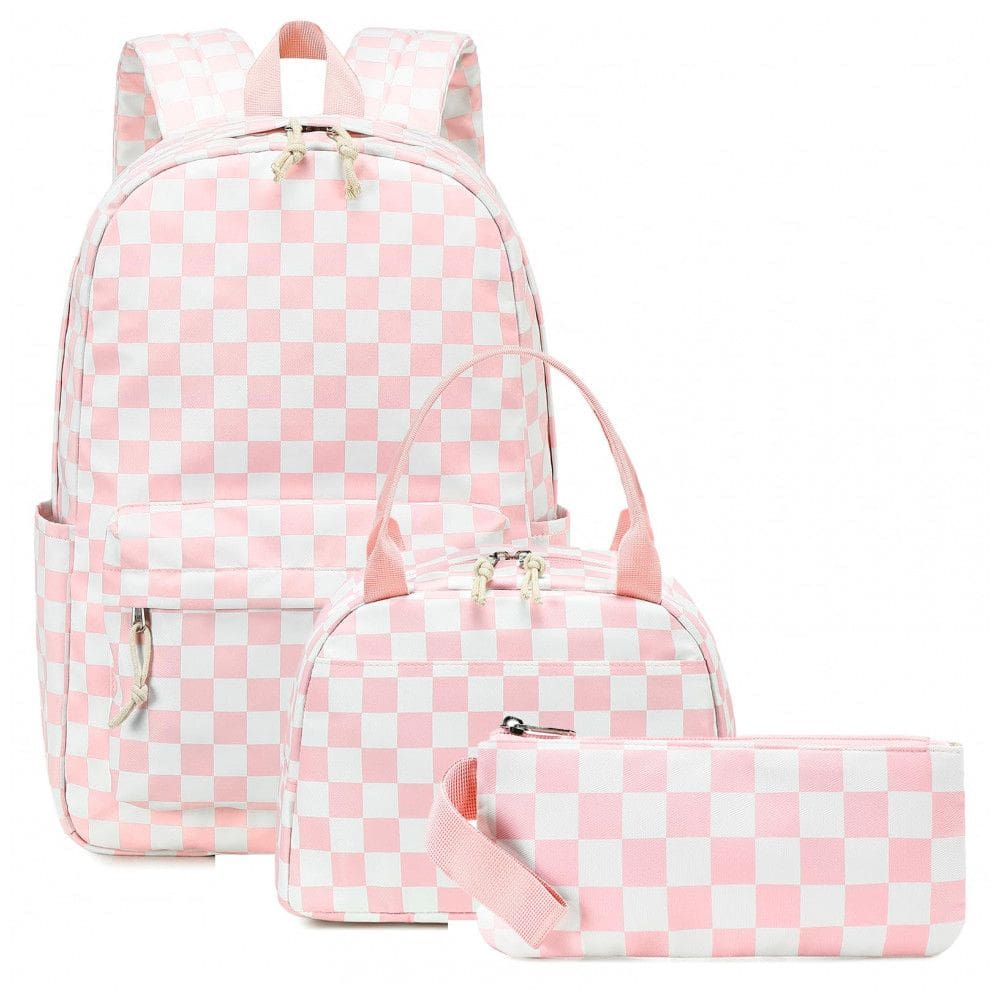 Mochila escolar Bluboon juvenil feminina xadrez rosa e branco, conjunto 3 peças com lancheira térmica e estojo, para notebook 35,5 cm