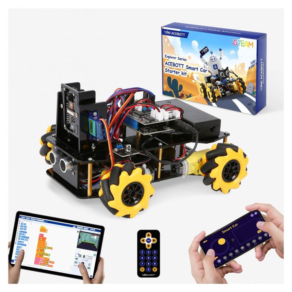 Kit STEM robô carro 4WD ACEBOTT QD032 amarelo com câmera 3MP rodas mecanum controle por app compatível Arduino e Scratch