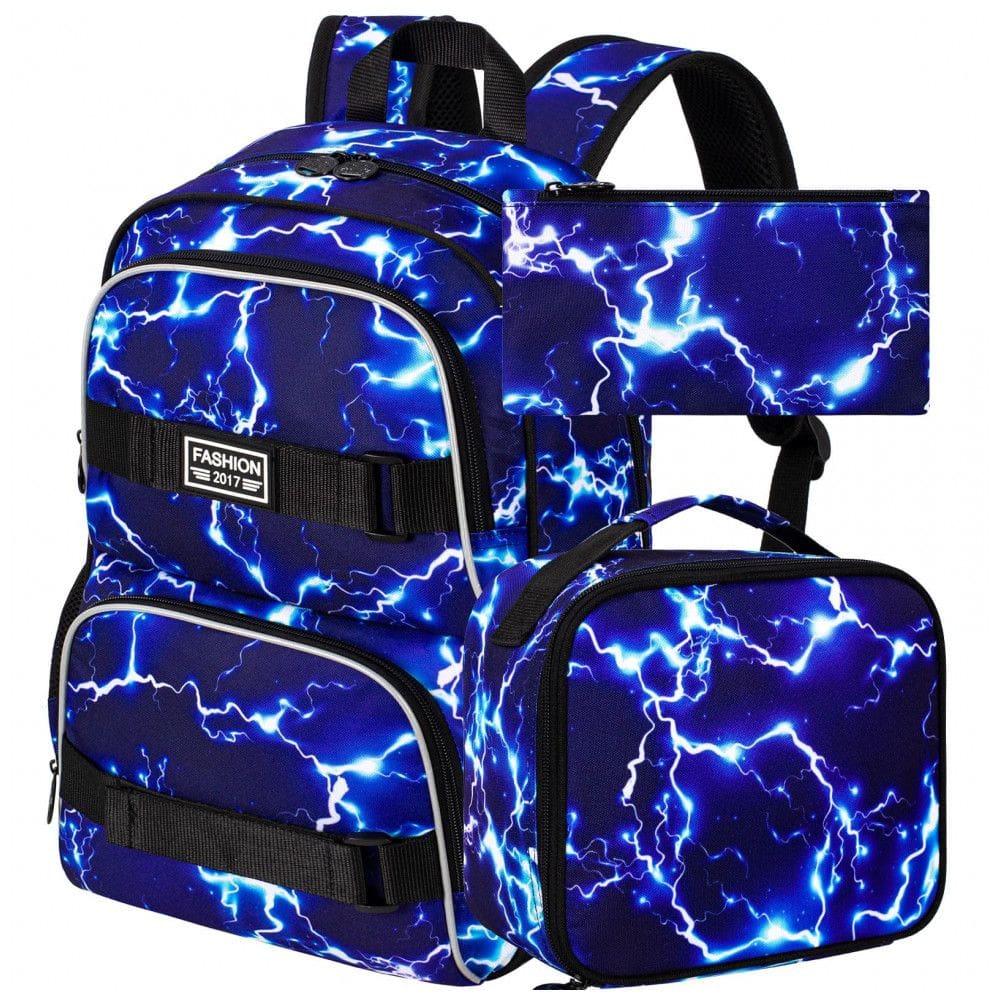 Mochila AGSDON 3 em 1 azul com estampa de raios, para notebook 17”, com lancheira e estojo