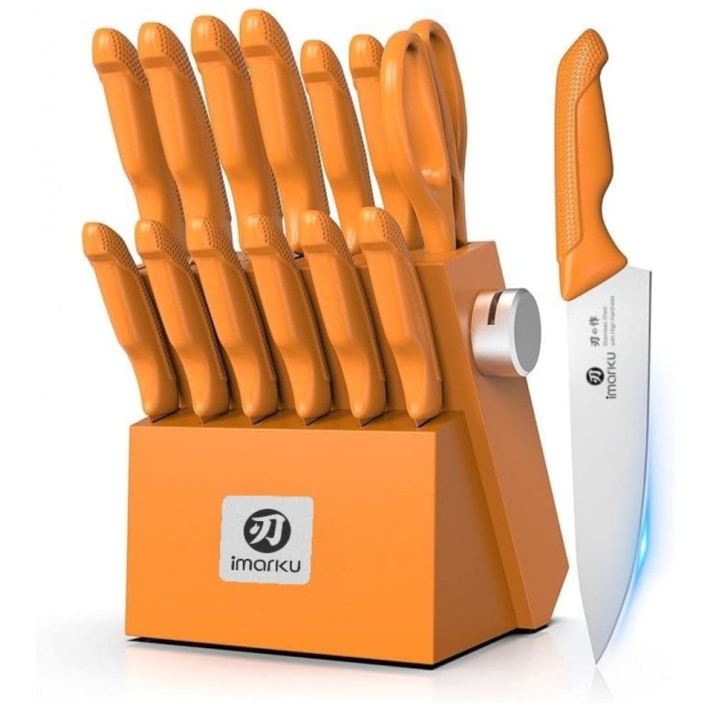 Conjunto de Facas imarku com Afiador Integrado, Aço Inoxidável Japonês, Laranja, 14 Peças