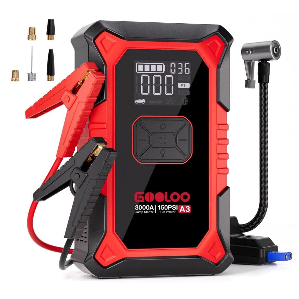 Jump Starter (Aux.de partida) com Compressor GOOLOO A3 Amarelo 3000A 150 PSI Gasolina 9.0L Diesel 6.5L 12V