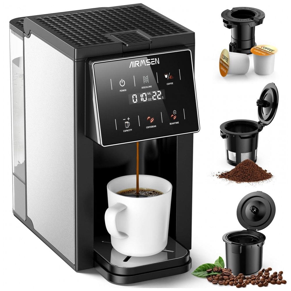Cafeteira Elétrica AIRMSEN Preta 2L 3 em 1 Com Moedor Integrado Cápsulas e Pó Touchscreen 1000W 110V