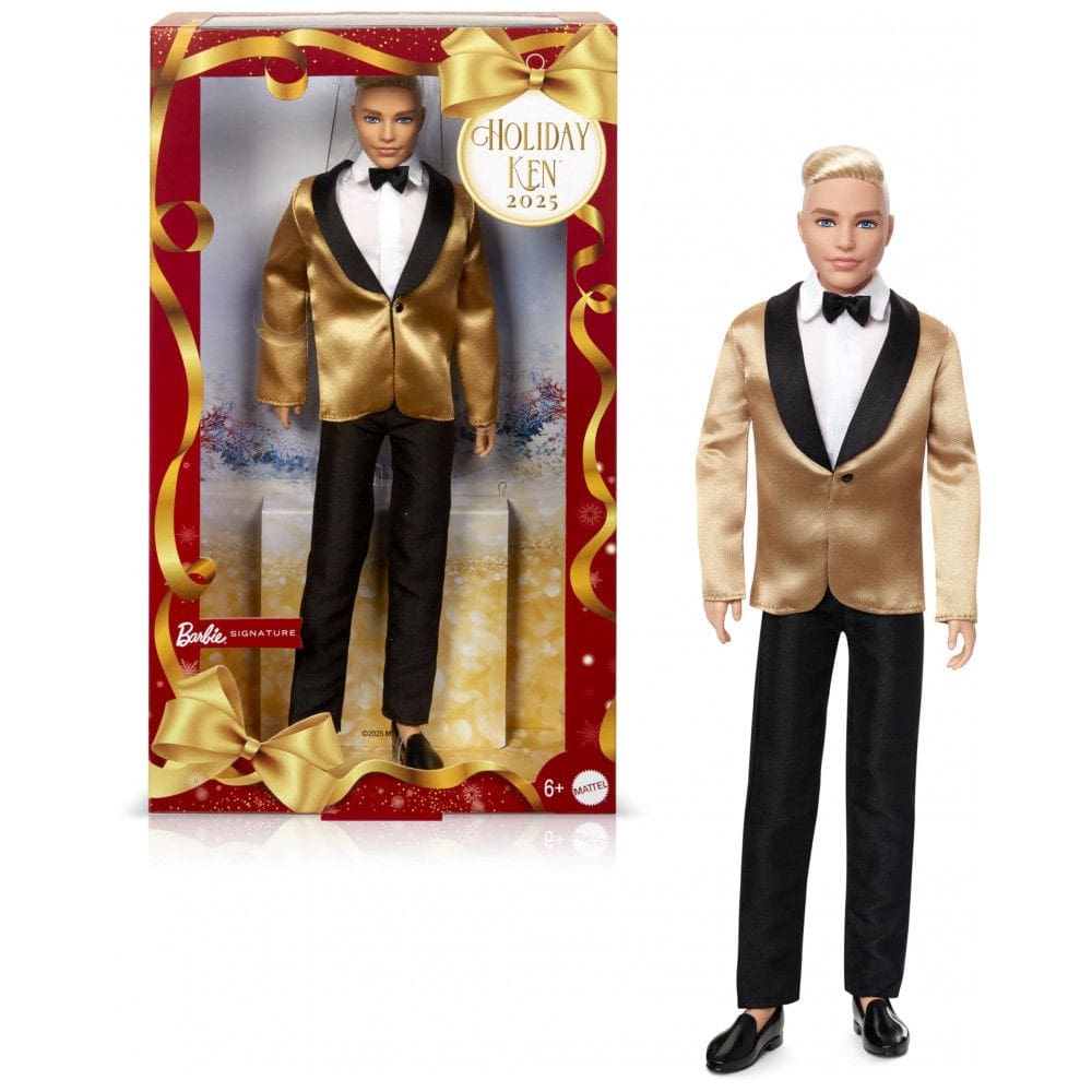 Boneco colecionável Barbie Signature Ken Holiday 2025 loiro com terno dourado e base expositora