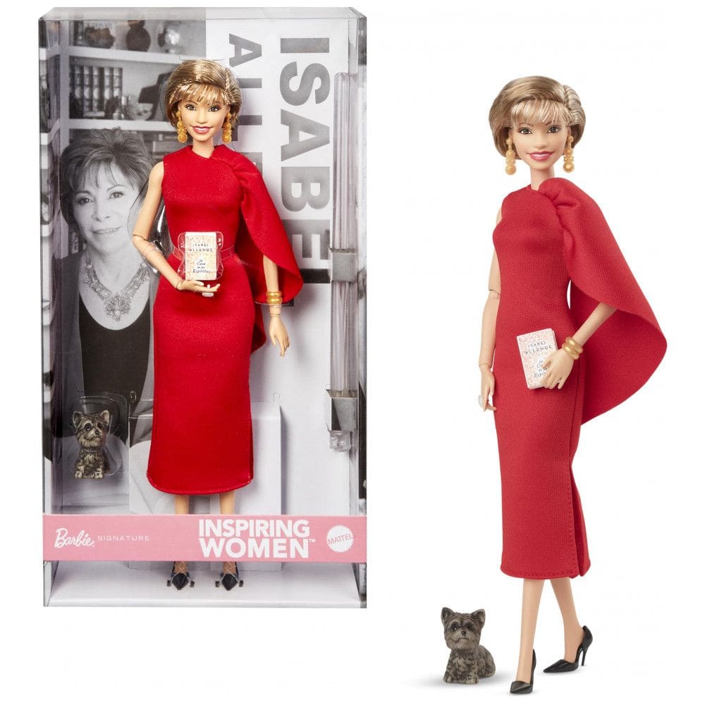 Boneca colecionável Barbie Inspiring Women Isabel Allende com vestido vermelho, livro e pet 2024