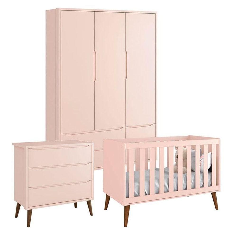 Quarto De Bebê Theo 3 Portas Cômoda Gaveteiro Rosa Com Pés Amadeirados - Reller