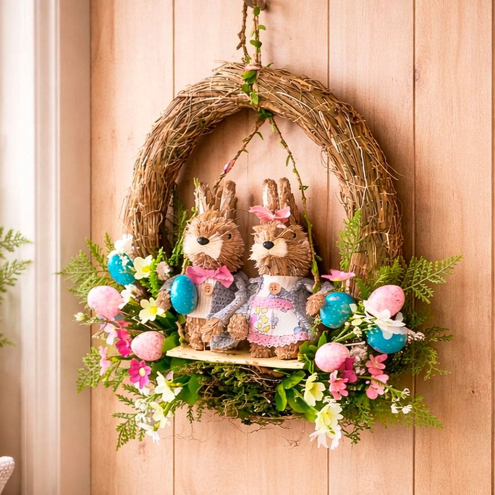 Guirlanda Casal Coelho Ovos Arranjo Decoração De Páscoa 35cm