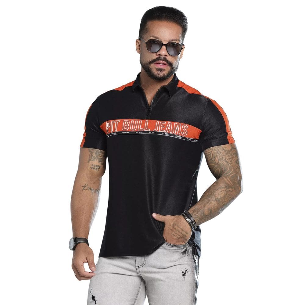 Polo masculina preta com recortes em laranja e branco Pit Bull 88164