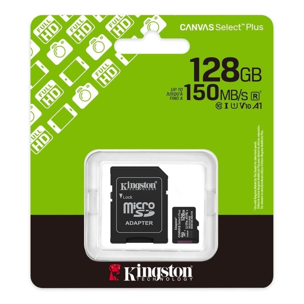 Cartão Micro SD 128GB Kingston Canvas Select Plus compatível com dispositivos e câmeras Android, 150 MB/s de leitura, SDCS3/128GB