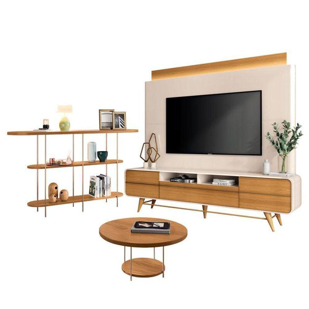 Estante Home Theater Nobre Off White Cinamomo E Aparador Infinity E Mesa De Centro Sky Cinamomo - Hb Móveis
