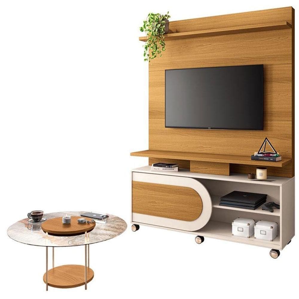 Estante Home Theater órbis Cinamomo Off White E Mesa De Centro Sky Com Tampo De Vidro Cinamomo- Hb Móveis