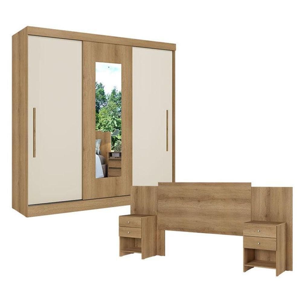 Guarda Roupa Casal Vision Glass 3 PortasCapuccino Cacau Off White ComCabeceira FormosaCapuccino- Thb