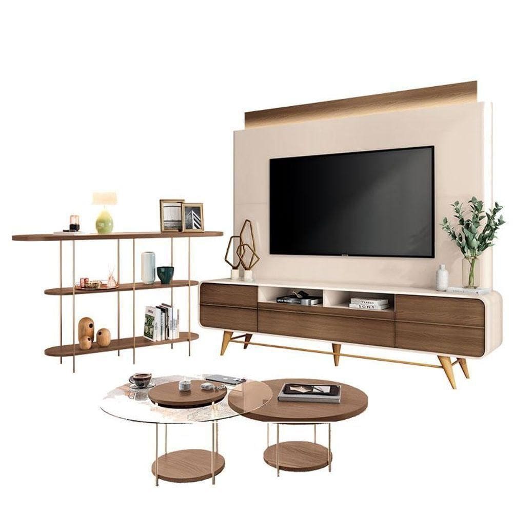 Estante Home Theater Nobre Off White Castanho E Aparador Infinity E Kit Mesa De Centro Sky Castanho - Hb Móveis