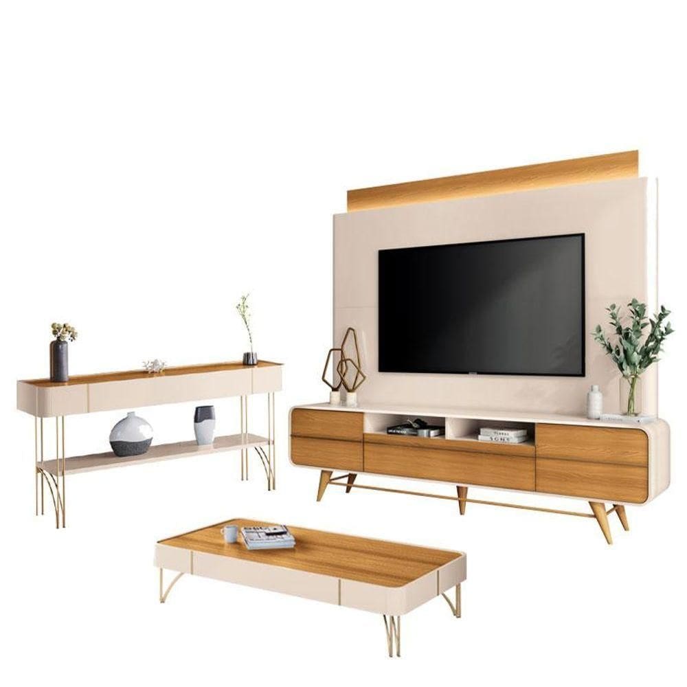 Estante Home Theater Nobre E Aparador Vivant E Mesa De Centro Cadenza Off White Cinamomo - Hb Móveis