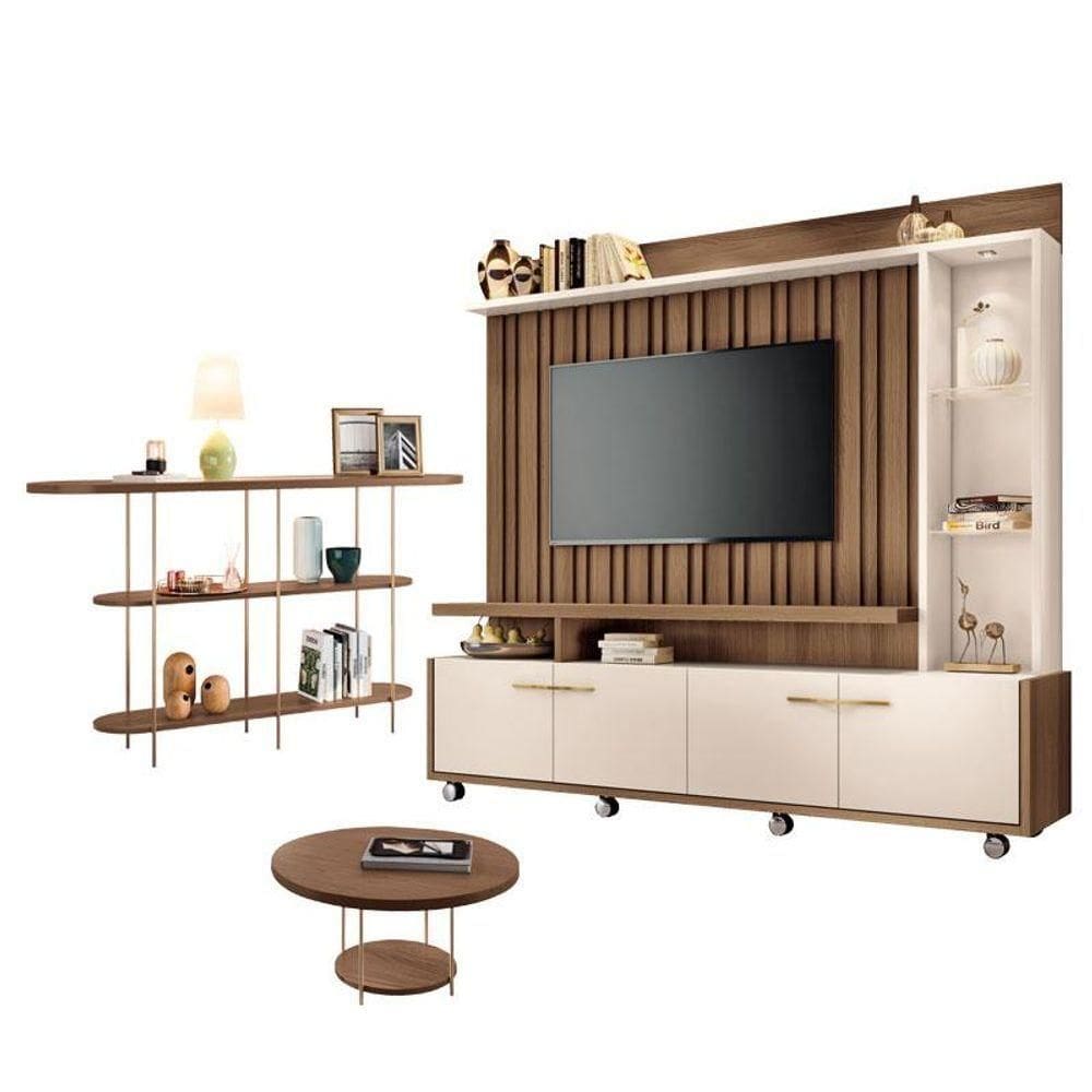 Estante Home Theater Titan Off White Castanho E Aparador Infinity E Mesa De Centro Sky Castanho - Hb Móveis