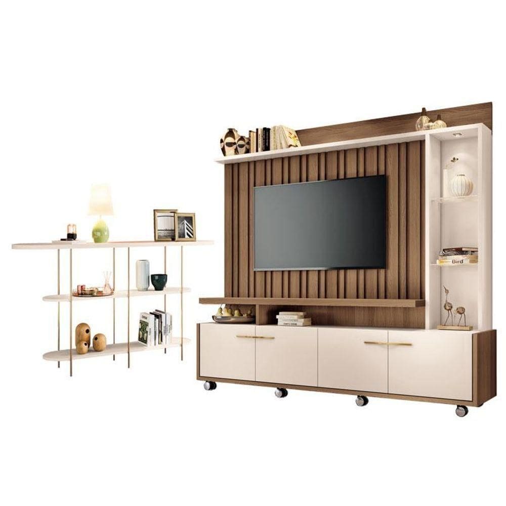 Estante Home Theater Titan Off White Castanho E Aparador Infinity Off White - Hb Móveis