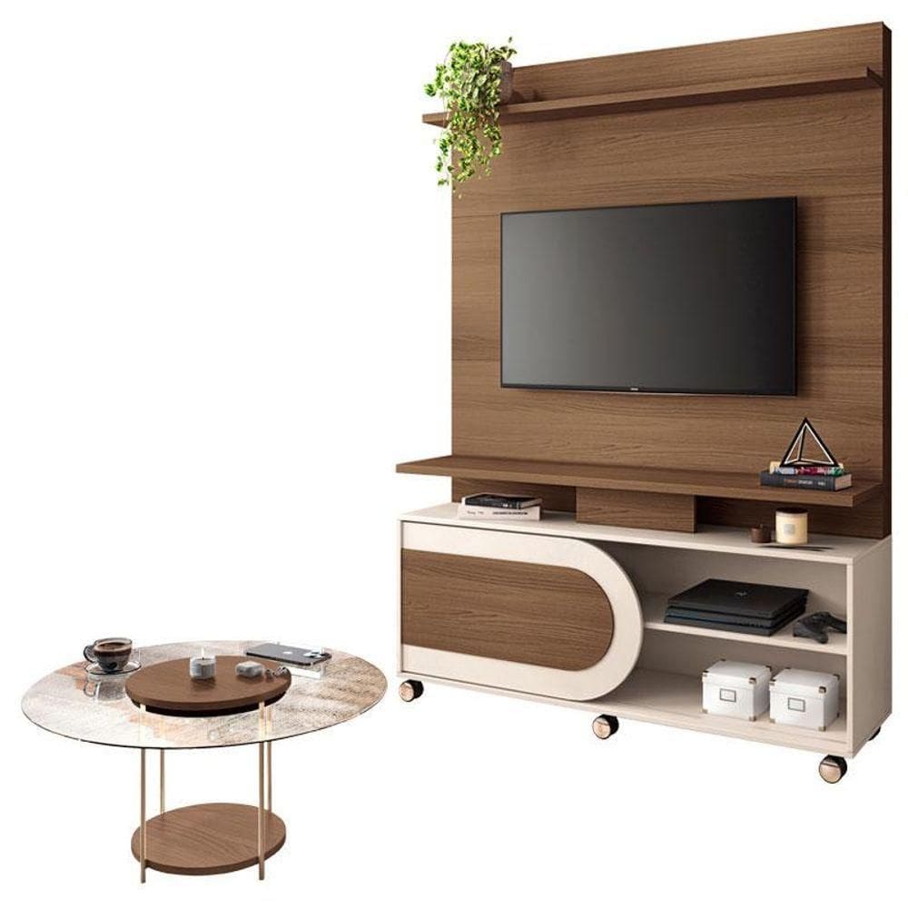 Estante Home Theater órbis Castanho Off White E Mesa De Centro Sky Com Tampo De Vidro Castanho- Hb Móveis
