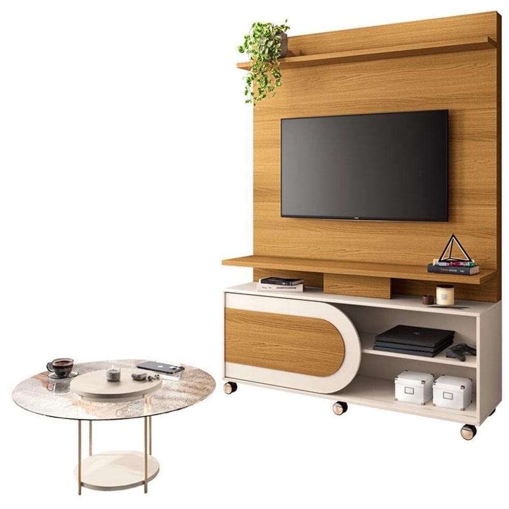 Estante Home Theater òrbis Cinamomo Off White E Mesa De Centro Sky Com Tampo De Vidro Off White- Hb Móveis