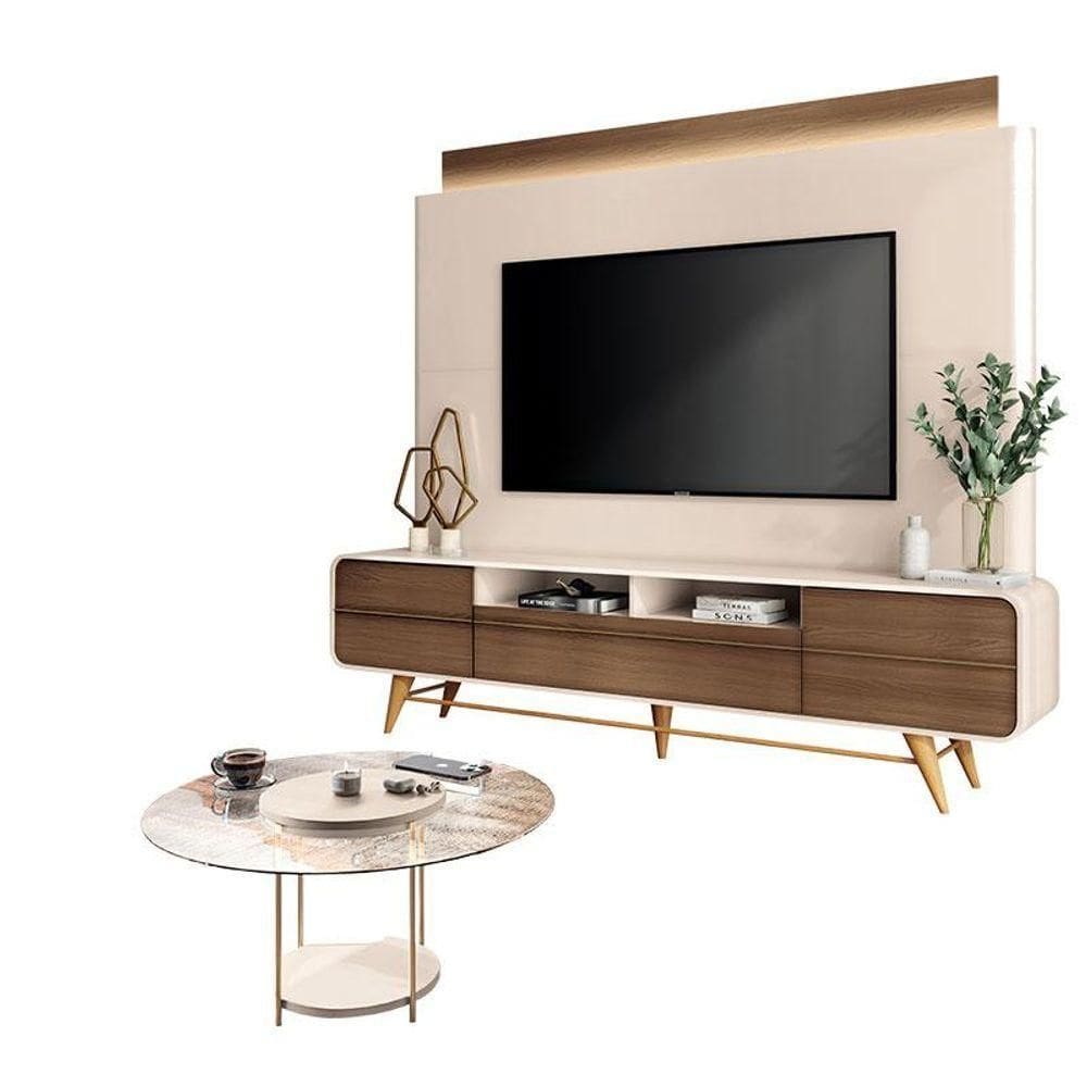 Estante Home Theater Nobre Off White Castanho E Mesa De Centro Sky Com Tampo De Vidro Off White- Hb Móveis