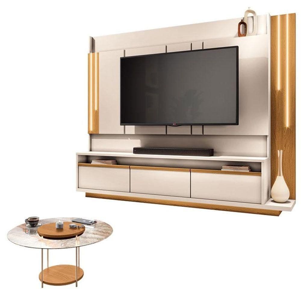 Estante Home Theater Montane Off White Cinamomo E Mesa De Centro Sky Com Tampo De Vidro Cinamomo - Hb Móveis