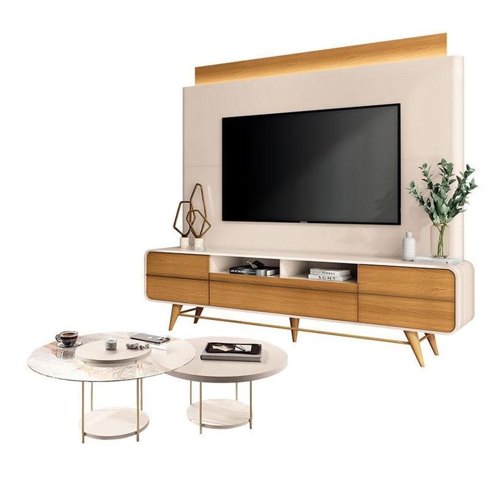 Estante Home Theater Nobre Off White Cinamomo E Kit Mesa De Centro Sky Off White- Hb Móveis