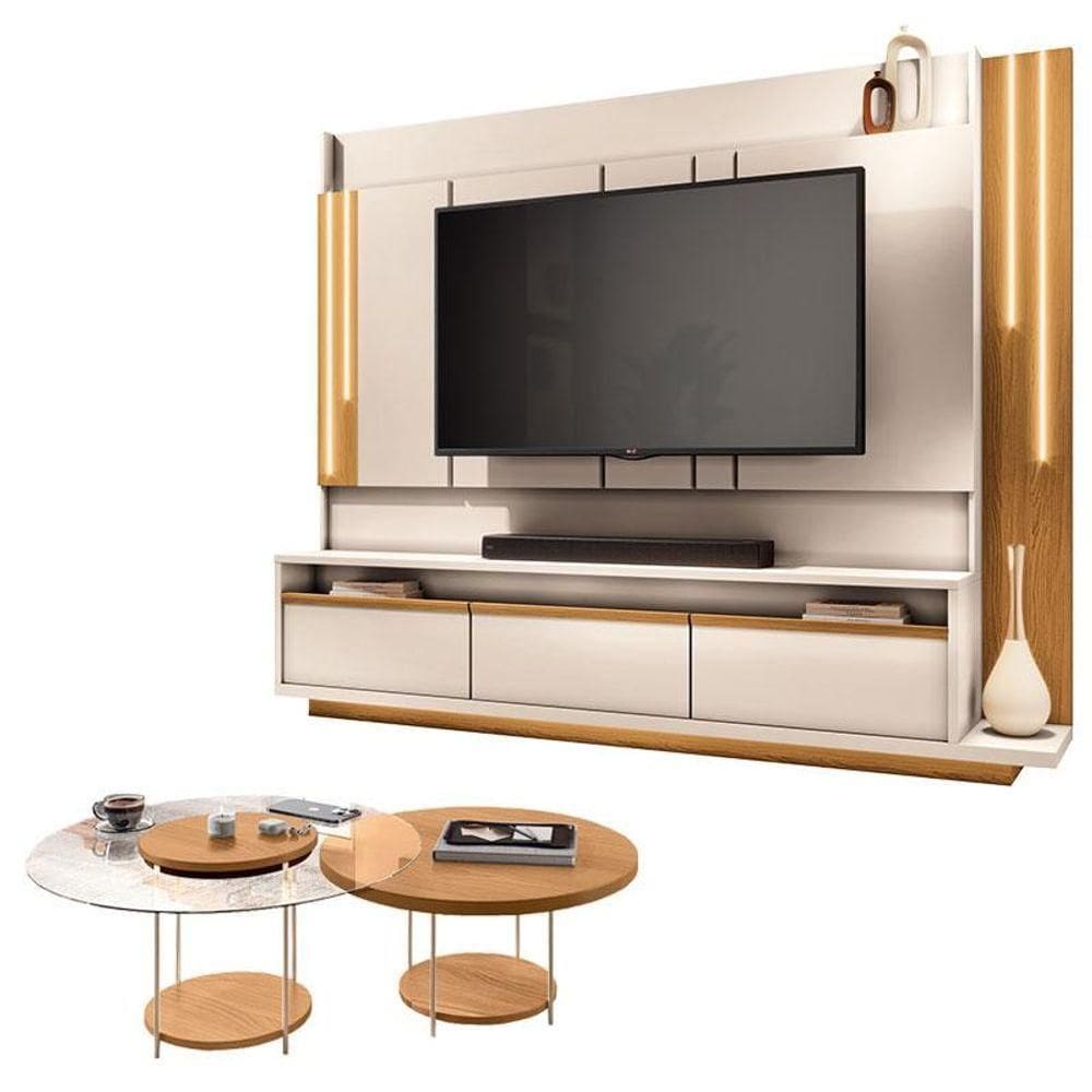 Estante Home Theater Montane Off White Cinamomo E Kit Mesa De Centro Sky Cinamomo - Hb Móveis