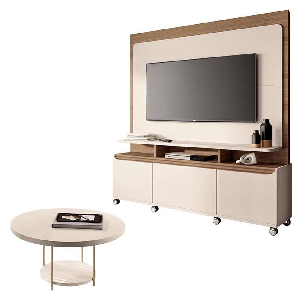 Estante Home Theater Quantum Off White Castanho E Mesa De Centro Sky Off White - Hb Móveis
