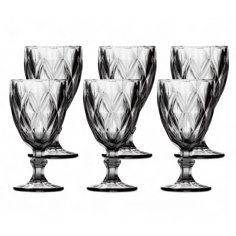 Jogo 6 Taças De Vidro Diamond Bico Abacaxi 325Ml Fumê Cinza