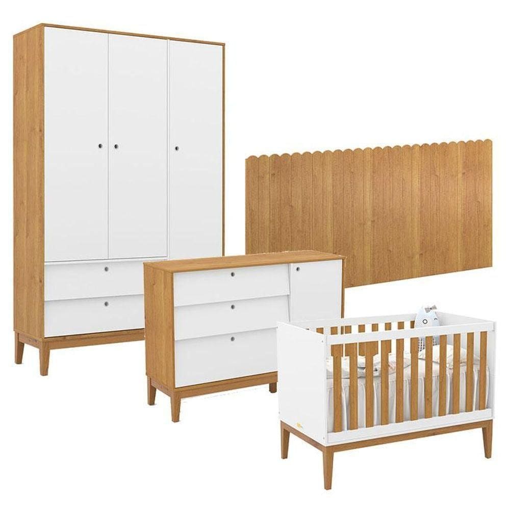 Quarto De Bebê Unique 3 Portas Com Cômoda Sapateira E Painel Farm Branco Soft Freijó Eco Wood - Matic