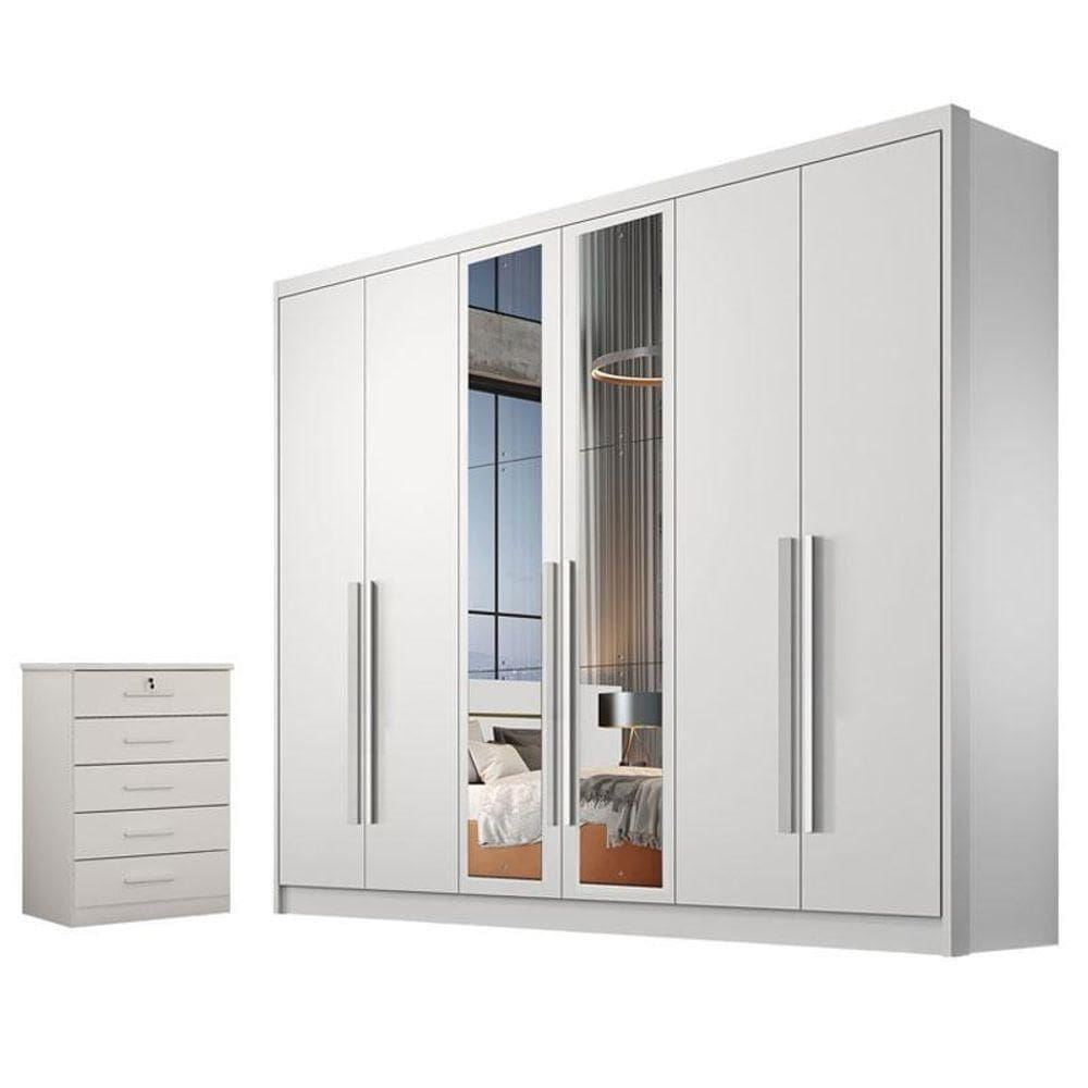 Guarda Roupa Casal Livorno Com Nicho E Espelho Com Gaveteiro Suiça Neve - Horizonte