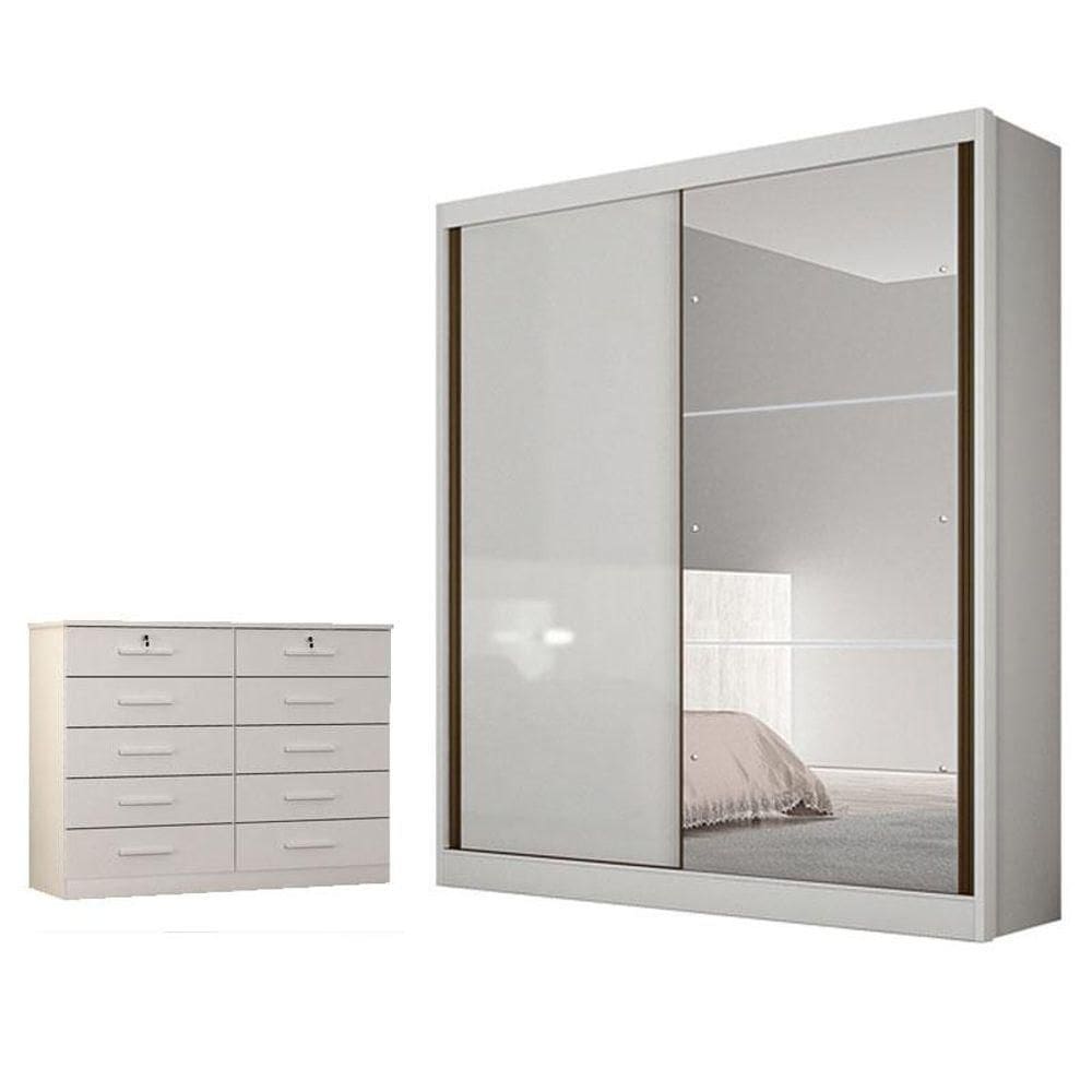 Guarda Roupa Solteiro Dante Com Espelho E Gaveteiro Milão Com Chave Neve - Horizonte