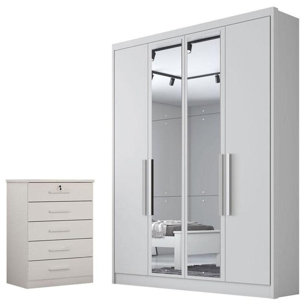 Guarda Roupa Solteiro Sevilha Com Nicho E Espelho Com Gaveteiro Suiça Com Chave Neve - Horizonte