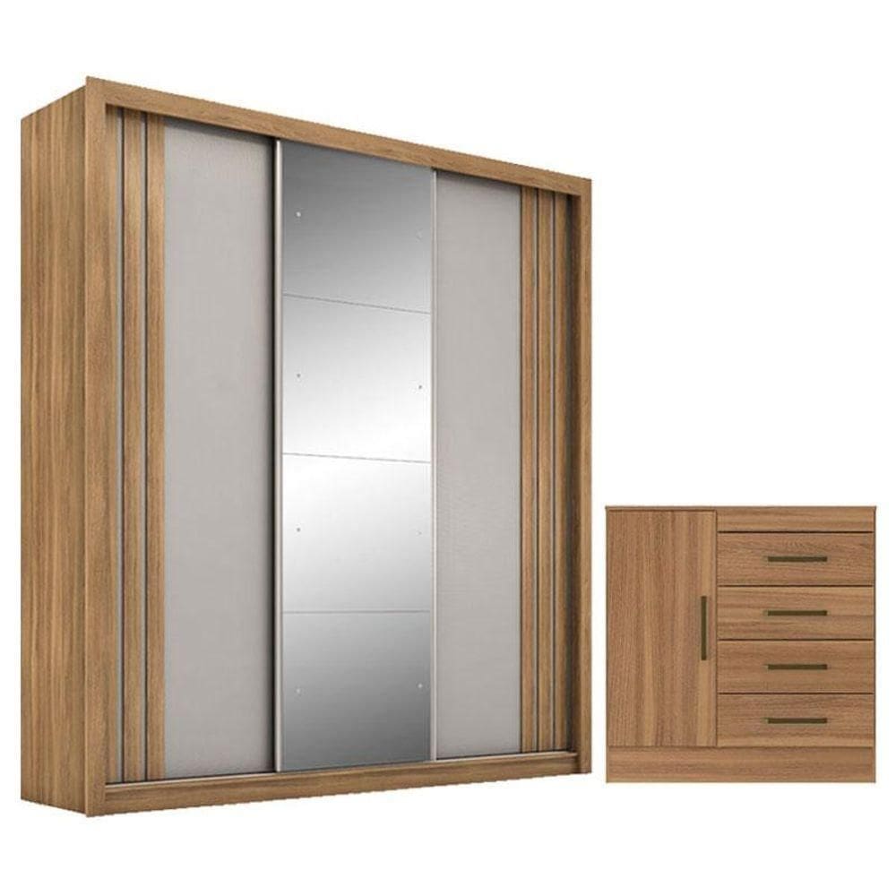 Cômoda Montevideu E Guarda Roupa Casal Moema Amêndola Nude Com Espelho - Demóbile