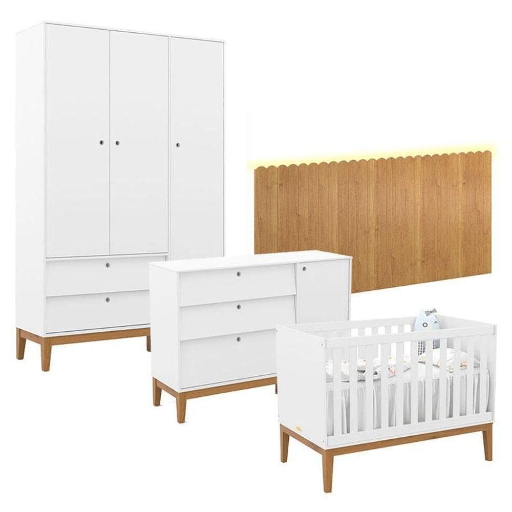 Quarto De Bebê Unique 3 Portas Com Cômoda Sapateira E Painel Farm Com Led Branco Soft Eco Wood - Matic