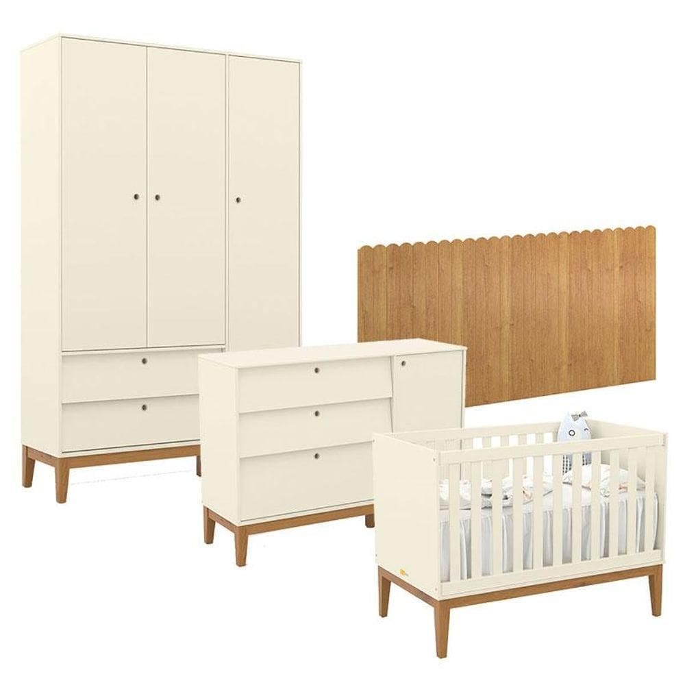 Quarto De Bebê Unique 3 Portas Com Cômoda Sapateira E Painel Farm Off White Eco Wood - Matic