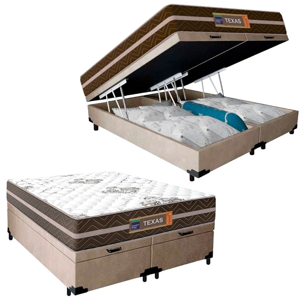 Cama Box Baú Casal Bipartido Suede + Colchão Molas Ensacadas Texas Prime Colchões 138x188x67cm