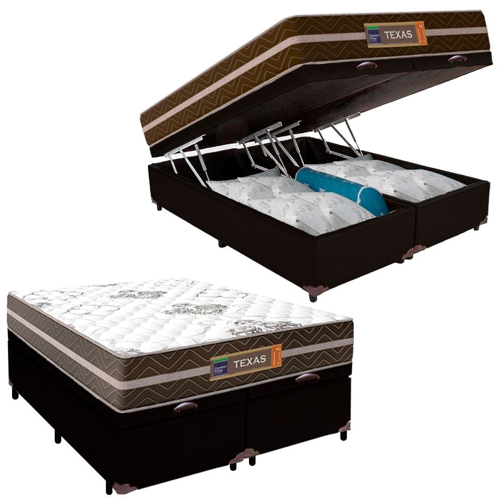 Cama Box Baú Casal Bipartido Sintético + Colchão Molas Ensacadas Texas Prime Colchões 138x188x67cm