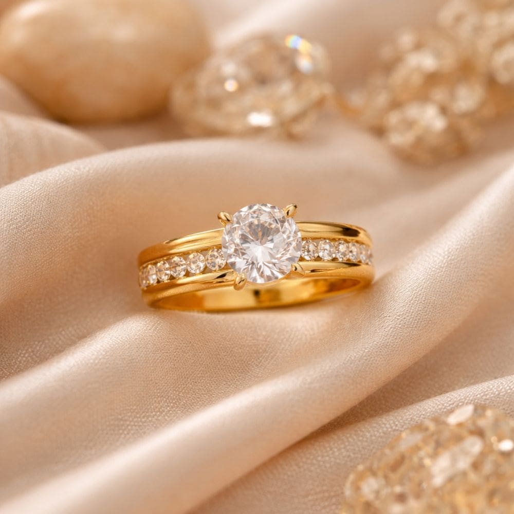 Anel Solitário Aço Inox Zircônia Cravejada Dourado Noivado