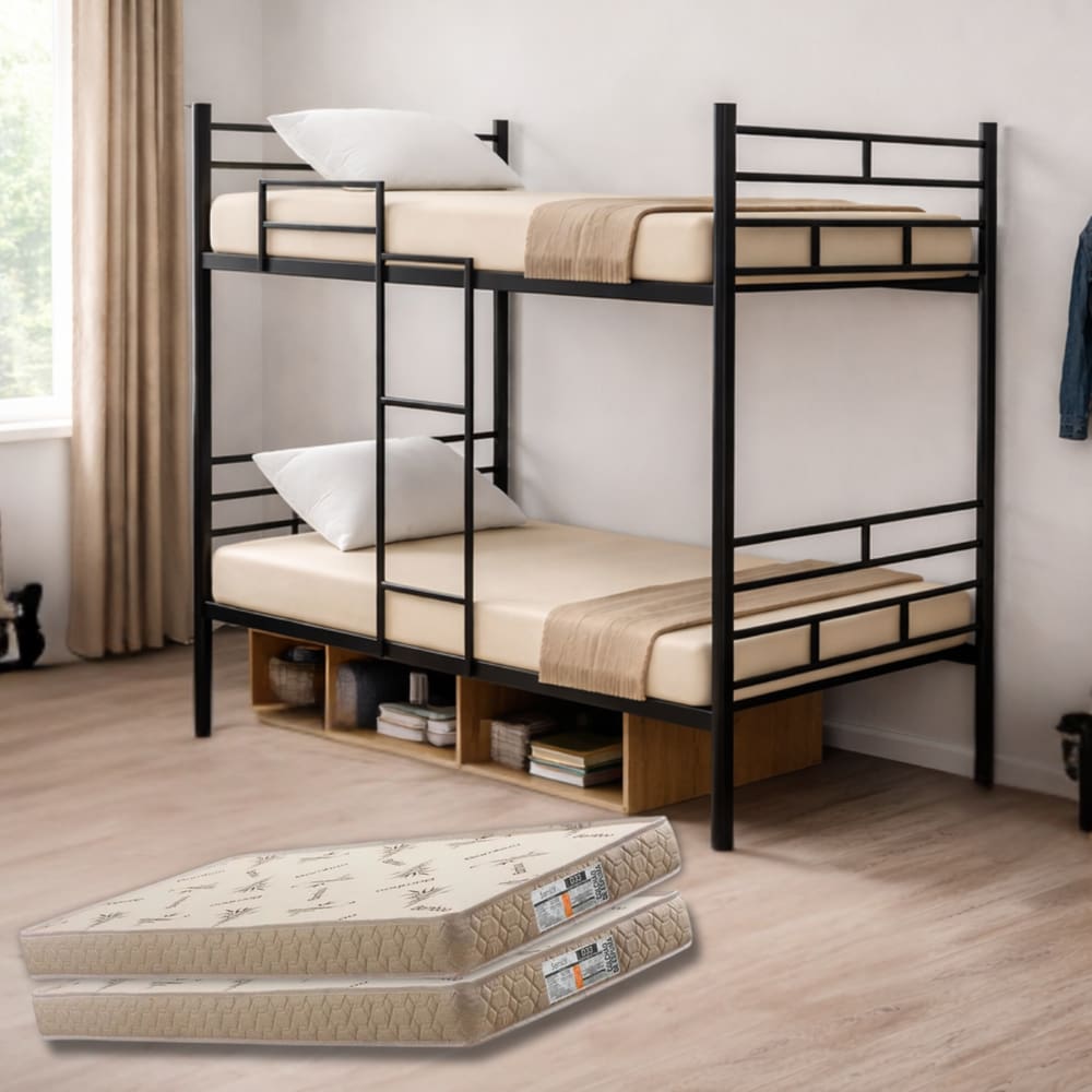 Beliche Solteiro Militar Com Escada Aço Reforçado Metalon 150kg com 2 Colchões D33