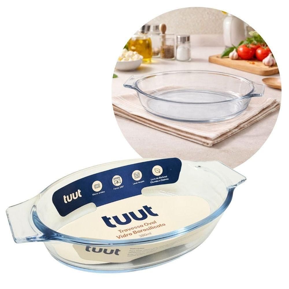 Travessa Oval Em Vidro Borossilicato Premium Com Alças 780ml Forno E Micro-ondas