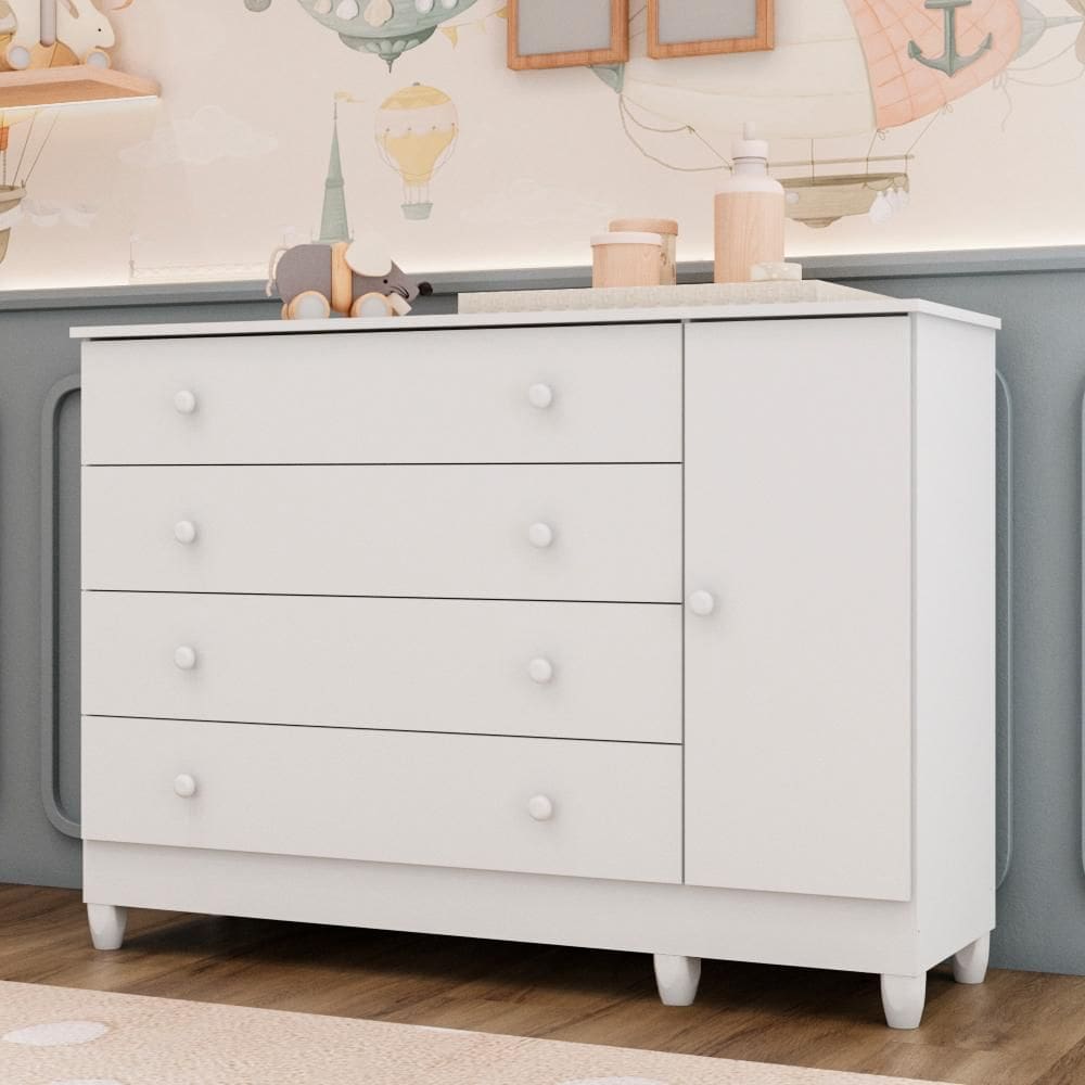 Cômoda Infantil 4 Gavetas com Porta Fraldário Taís 100% MDF Branca Carolina Baby