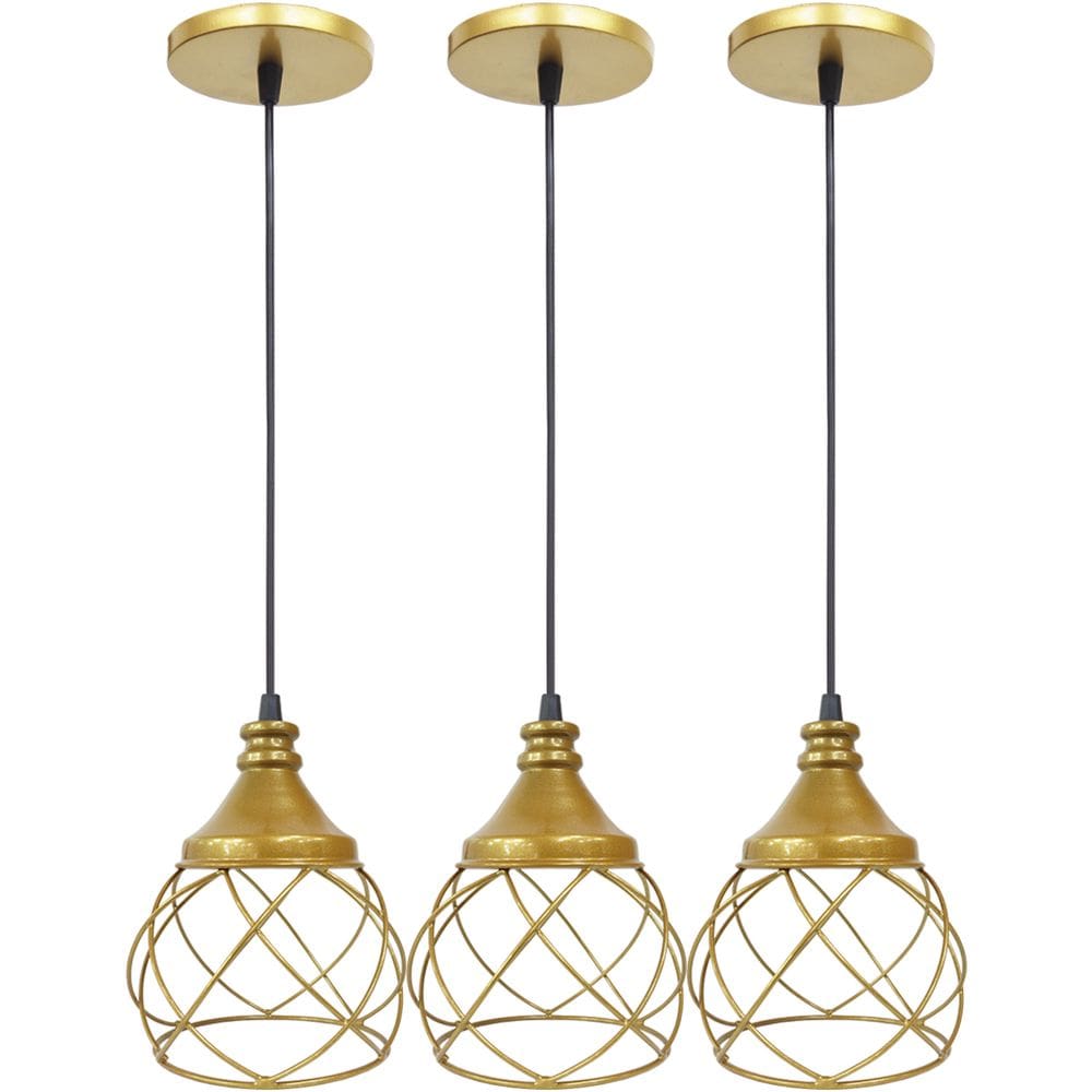 3 Pendente Aramado Redondo Dourado Lustre Luminária Teto Regulável Sala Cozinha Industrial Agp