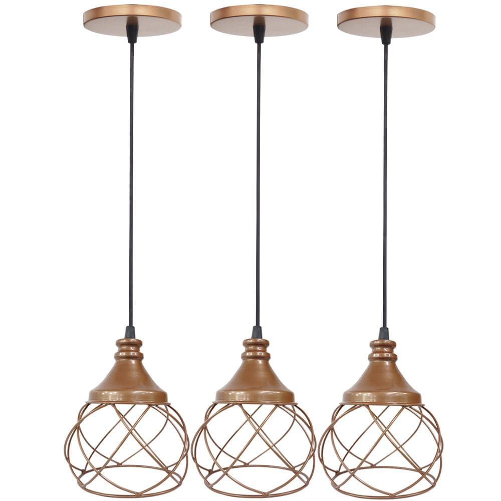 3 Pendentes Aramado  Cobre Rose Gold Lustre Luminária Teto Regulável Sala Cozinha